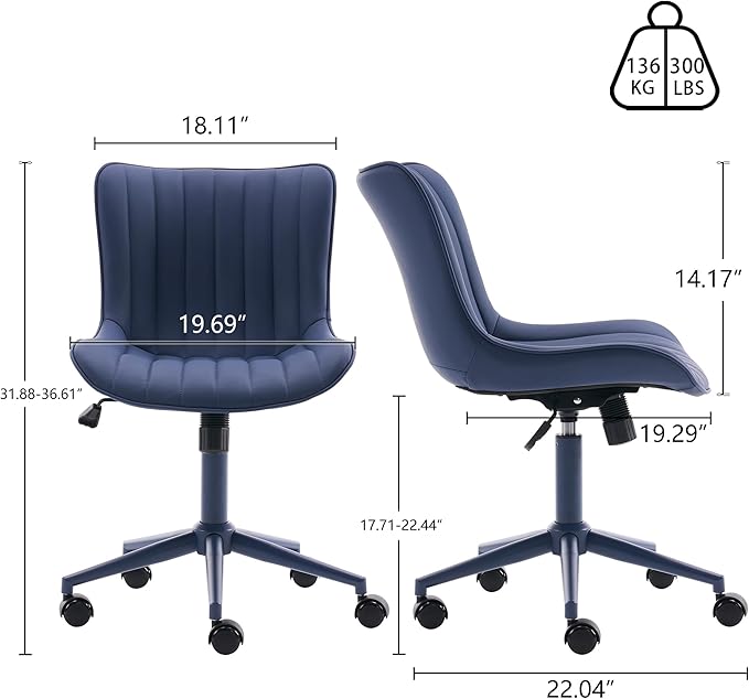 YOUNIKE Home Office Desk Chair with Wheels Armless Vanity Chair with Back Comfy Modern Leather Upholstered Rolling Task Chair Swivel Small Cute Sewing Chair No Arms Wide Adjustable Ergonomic Navy Blue