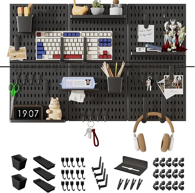 SHGJ&SOFT Peg Board Wall Organizer Panels, 50pcs - Includes 6 Black Pegboards & Accessories, Plastic Pegboard for Home，Office, Craft Room, Gaming Setup, 24″×24″, Wall Mount Display Pegboard Panel Kits