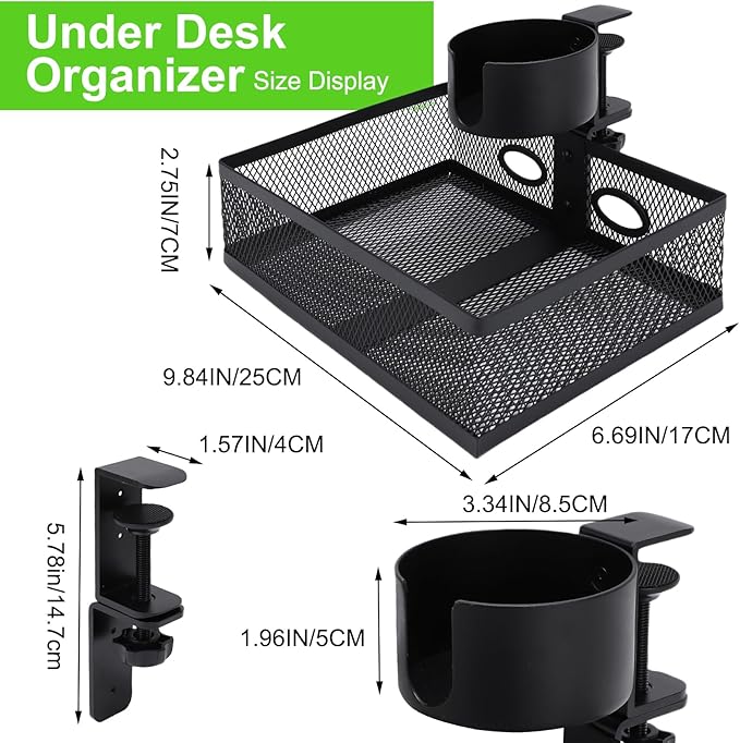 Gugxiom 360 Under Desk Organizer With Cup Holder, Hidden Storage Drawer, Sturdy C-Clamp for Home Office (White)