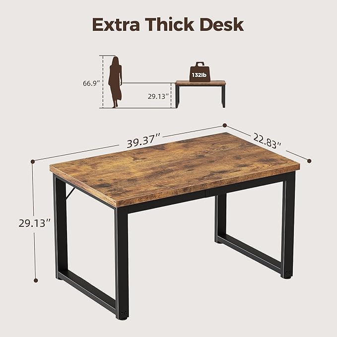 Mericonia 40 Inch Computer Desk, 1.2" Thick Modern Simple Study Writing Table, Heavy Duty Industrial Office Desk for Home Bedroom Workstation, Brown