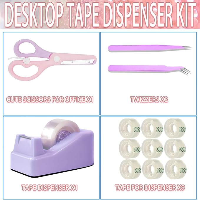 XEUZK Desktop Tape Dispenser Kits with Weighted Nonskid Base Tape Dispenser- Includes 9 Rolls of Transparent Tape(0.71 Inch x 500 inches Each) & Pink Scissors, 2 Pcs Tweezers (Purple)