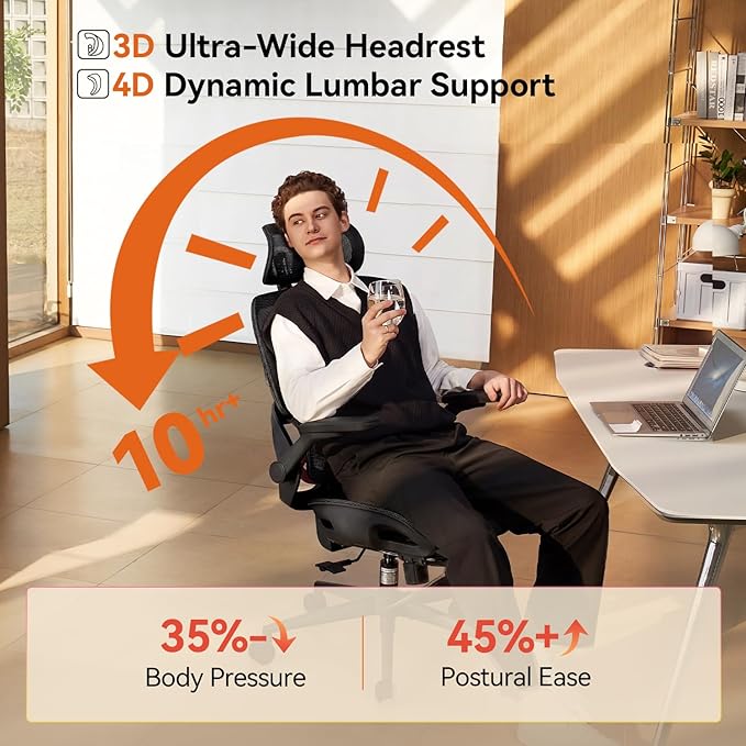 SIHOO B100 PRO Ergonomic Office Chair with Footrest, Mesh Office Chair with Adaptive Lumbar Support, Computer Chair with Wide Headrest, Desk Chair with 360° Rotatable Flip-Up Armrests, Ebony