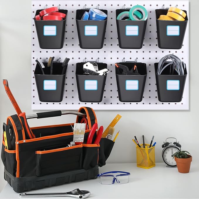 Namalu 12 Pack Peg Board Storage Bins with Labels and Hooks Square Box Shape Pegboard Cup Holder Accessories Pegboard Organizer for Craft Room Wall holder Workbench(4.7 x 4 x 5 Inch, Black)