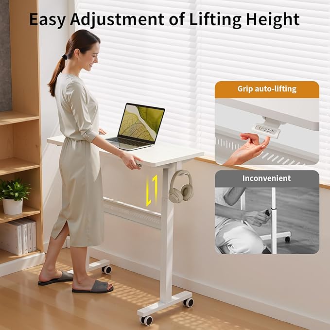 WALKINGDESK Mobile Walking Pad Desk with Wheels, Pneumatic Small Rolling Standing Desk Riser Height Adjustable (28-43.7") for Treadmill, Portable Computer Table for Home Office, White