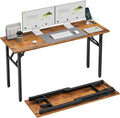 TEMI Long Computer Desk Folding Table - No Assembly, Compact 55" Foldable Desk with Power Outlets & USB Charging Port, Portable Lagre Office Desk, Ideal Large Study Table for Narrow Spaces, Brown
