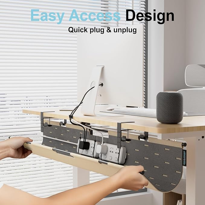 2-in-1 Under Desk Cable Management Tray & Privacy Panel, Dual-Sided Thick Felt Cord Organizer with 20 Cable Ties,Heavy Duty Steel Frame Support, No-Drill Clamp Mount,Large Capacity (Khaki/Gray, 45.2")