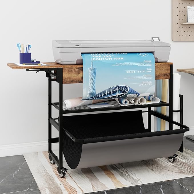 Wide Format Printer Stand with Laptop Station, Plotter Workbench Table with Pull-out Drafting Storage, Roll Paper Holder, Accessory Drawer & Adjustable Shelf for Plotters/Cutting Machines (Retro)