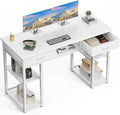 DUMOS 48" Small Computer Home Office Desk for Bedroom with Drawers, Gaming Writing Study Table with Storage Shelf, Adjustable Feet, Metal Frame Natural White