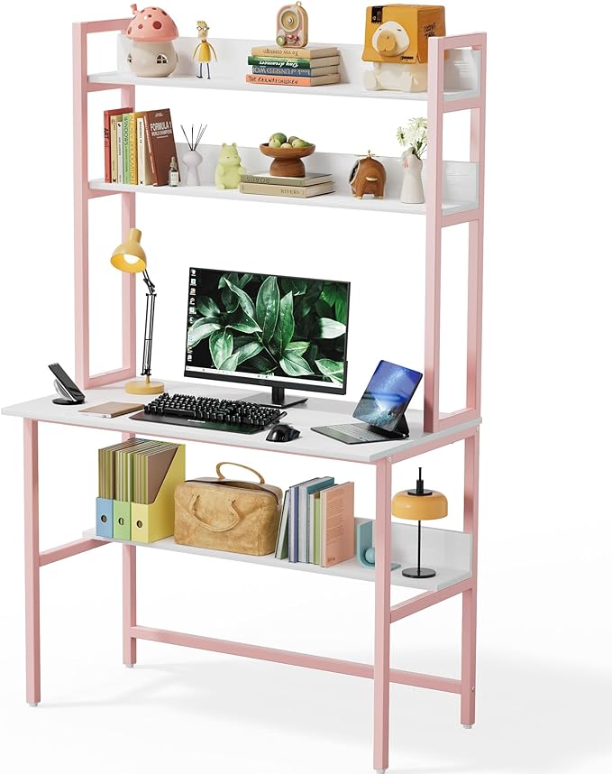 Aquzee Computer Desk with Hutch, 40“W x 19.6" D Desk with Shelves, Tall Home Office Desk with Bookshelf, Metal Legs Study Table with Upper Storage Shelf for Study Writing/Workstation, Pink