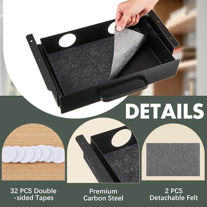 2 Pack Under Desk Slide out Drawer Storage Shelf, Carbon Steel Tray with Mute Felt Sheets, Pull out Organizer for Office Home Workstation Gaming Stand Desk, not easy to break,13×8×2.8 In(Black)