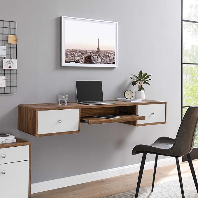 Modway EEI-5864-WAL-WHI Transmit 60" Wall Mount Wood Office Desk, Walnut White