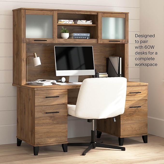 Bush Home 60-Inch Desk Hutch, Office Storage Organizer with Shelves, Cubbies and Frosted Glass Doors for Computer Desk, Home Office Furniture, Somerset Collection, Fresh Walnut