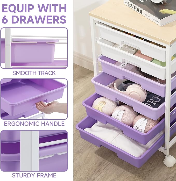 SYKIARIOL Rolling Cart with Drawers,Utility Cart with 6 Drawers,Rolling Storage Cart with Drawers and Wooden Tabletop & Lockable Wheel,Purple