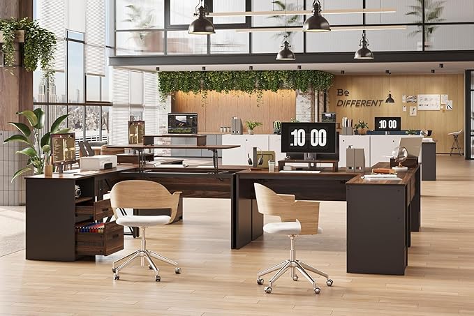 Bestier L Shaped Standing Desk with Lift Top, 55" x 55" Standing Corner Desk for Home Office, Computer Desk with Reversible File Drawer and Monitor Stand, Walnut