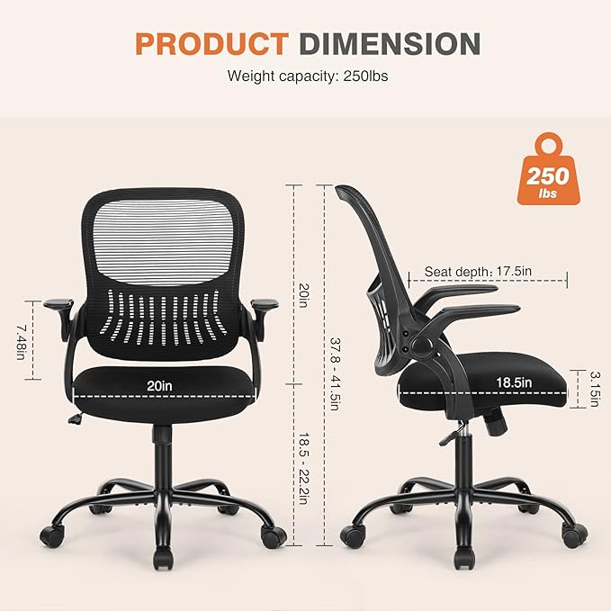 Sweetcrispy Office Computer Desk Chair, Ergonomic Mid-Back Mesh Rolling Work Swivel Task Chairs with Wheels, Comfortable Lumbar Support, Comfy Flip-up Arms for Home, Bedroom, Study, Student, Black