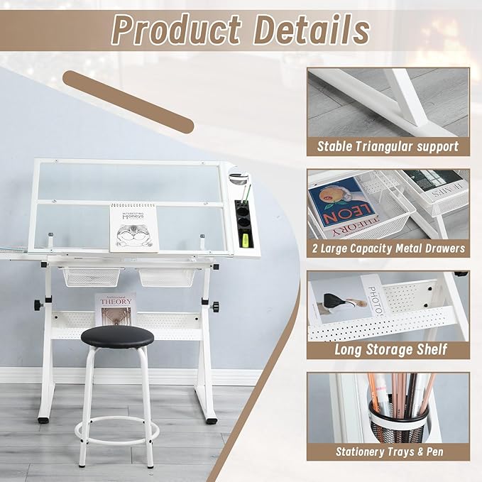 Adjustable Tempered Glass Drafting Table, 0-75° Tilting Art Desk with Multi-Storage Drawers & Trays, Height Adjustable 27.1"-35.8" Drawing Table with Chair, White