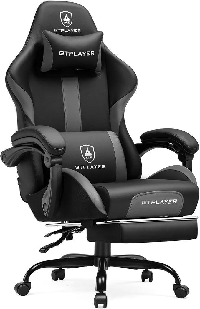 GTPLAYER Gaming Chair with Foot Rest & Pocket Spring Cushion, Ergonomic High Back Computer Chair with Headrest & 360°-Swivel Seat for Home Office Desk, PU Leather, Gray