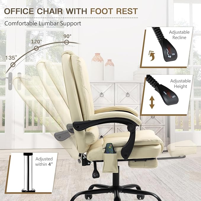 6-Point Heated Massage Office Chair with Footrest, Ergonomic Home Desk Chair with Lumbar Support, Executive High Back PU Leather Computer Chair with Armrest & Reclining, Beige