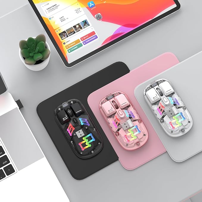 Wireless Bluetooth Mouse, Transparent BT + 2.4G Dual-Mode Mechanical Mouse with Magnetic Top Cover, Rechargeable RGB Backlit Gaming Mouse for Gaming/Esports/Desktop/Laptops/Tablets (White)