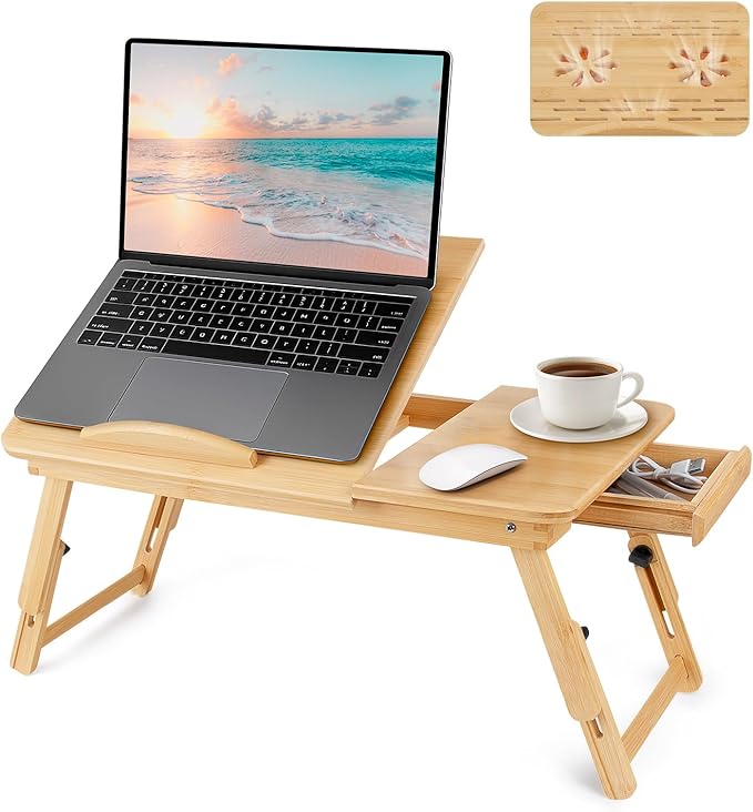 Bamboo Laptop Desk for Bed, Height & Angle Adjustable Foldable Lap Desk with Drawer & Cup Holder, Portable Bed Desk Table for Working, Reading, Writing or Breakfast on Sofa, Couch or Floor