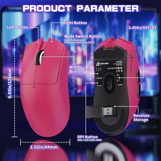 ATTACK SHARK X11SE Ultra-Light Wireless Gaming Mouse,Tri-Modes BT5.2/Type-C Wired/2.4G,PixArt PAW3311 Gaming Sensor,22KDPI,5 Programmable Buttons for Laptop,PC,Mac Gamer(Berry Red)