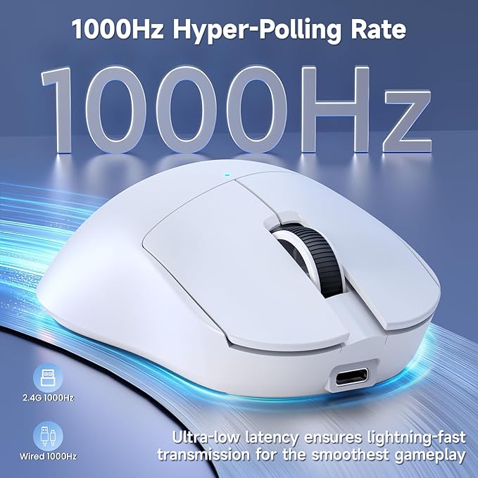 AJAZZ NJ08 Wireless Gaming Mouse 70g Lightweight, 12800 DPI, RGB Strip, 3-Mode Connection 2.4G/Bluetooth/Wired, 1000Hz Polling Rate, Ergonomic Right-Handed Design for PC, Mac, Windows, Laptop (White)
