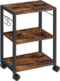 MAHANCRIS Printer Stand, 3-Tier Under Desk Rolling Cart with Storage Shelf, Heavy Duty Printer Table with Wheels for Home and Office, Printer Shelf with 2 Hooks, Small Spaces, Rustic Brown PTHR4001Z