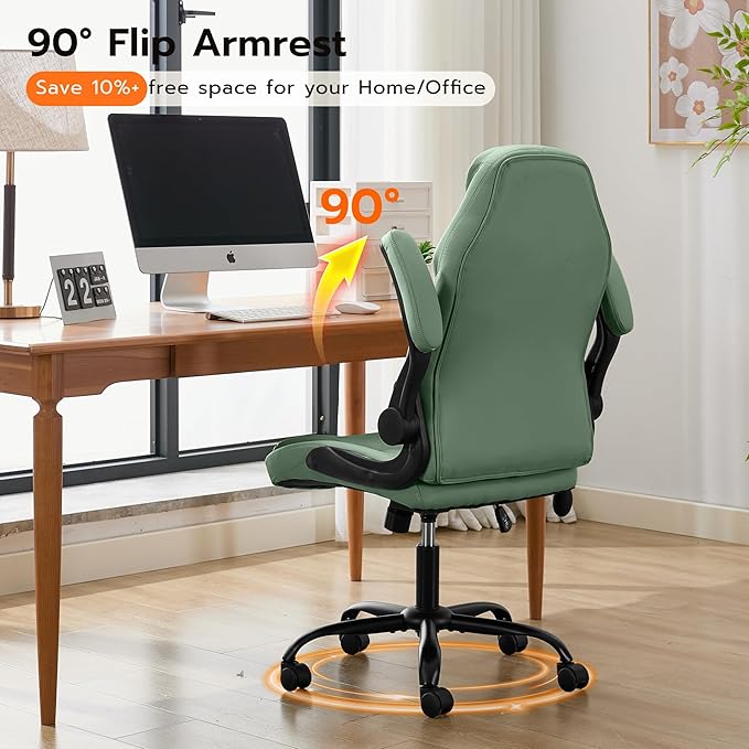 Office Desk Chair, Ergonomic Computer Chair with Padded Flip-Up Arms and Adjustable Lumbar Support, PU Leather Executive Chair with Tilt Lock and 360° Swivel Rolling Wheels for Work, Study