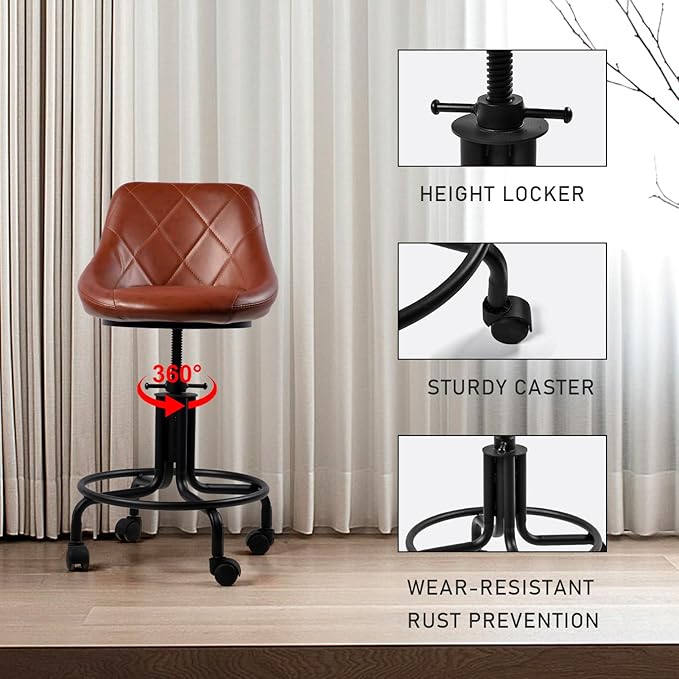 Industrial Office Chair with Backrest on Wheels Vintage Rolling Shop Stools with Wheels for Garage Swivel PU Seat Drafting Stool for Workbench 19.7-23.6inch Height Adjustable Bar Stool