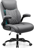 BESTFAIR Office Chair, Executive Computer Desk Chair with Lumbar Support for Lower Back Pain Relief, Ergonomic Leather Home Chair Comfy with Padded Flip-up Arms and Adjustable Armrests, Gray