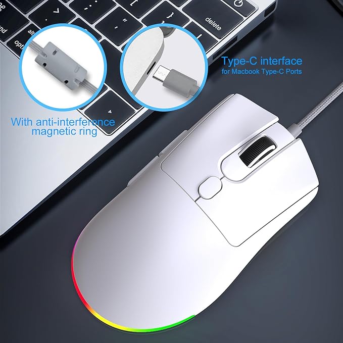 HXMJ Wired USB C Gaming Mice,7200DPI,Ergonomic Mouse with RGB Backlit for Apple MacBook,Computer or Laptops with Type C Port-White