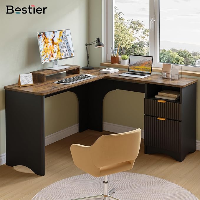 Bestier L Shaped Desk with File Drawer, 55.7" x 55" Office Computer Desk with Round Corners, Modern Desk with Monitor Stand & Fluted Panels for Home Office, Black & Rustic Brown