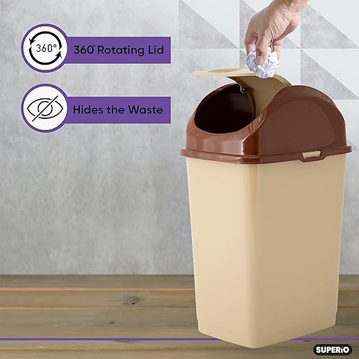 Superio Kitchen Trash Can with Swing Top Lid 9 Gallon Slim Waste Bin 37 Qt Sturdy Plastic Garbage Can Medium Recycling Bin for Office, Bathroom, Under Counter, Dorm, Bedroom (Beige/Brown-2 Pack)