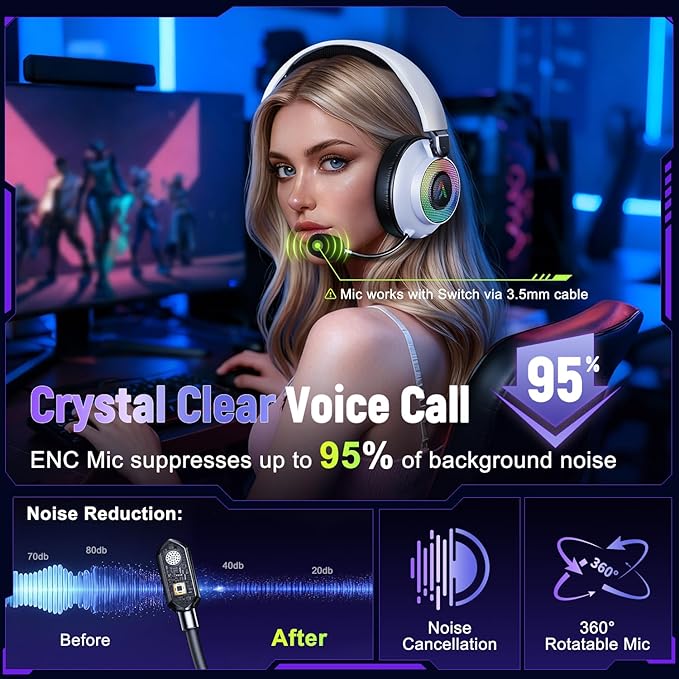 Ultra-Light 3-in-1 Wireless Gaming Headset for PS5 PS4 Xbox, 7.1 Surround Sound, Noise Cancelling Mic, RGB Lights, 40H+ Battery, Lossless Audio, Comfy Over Ear Headphones for PC, Switch, Mac