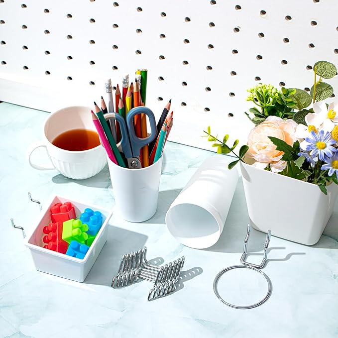 Jinei 12 Pcs Pegboard Bins and Cups with Hooks and Loops Peg Assortment Organizer Accessories Various Tool Organizer Pegboard Basket Set for Garage Workshop Workbench Office(White)
