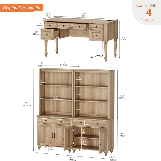 WAMPAT Home Office Furniture Set, 56'' Executive Desk with Charging Station, 72" Tall Bookcase with 4 Doors and 2 Drawers, Wood Computer Desk with File Cabinet Storage, Open Shelf, Oak