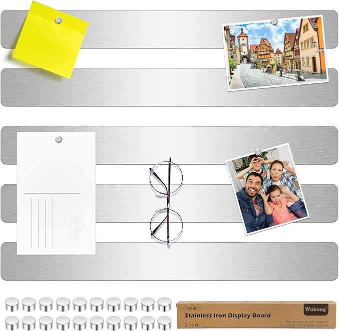 Wukong 5 Pack | 30x4cm (11.81 x 1.57) Magnetic Stainless Silver Board Strips, Adhesive Backing Bulletin Bar, Memo Strip with 30pcs 5x3mm Magnets for Office, Home, Photo Wall, Documents