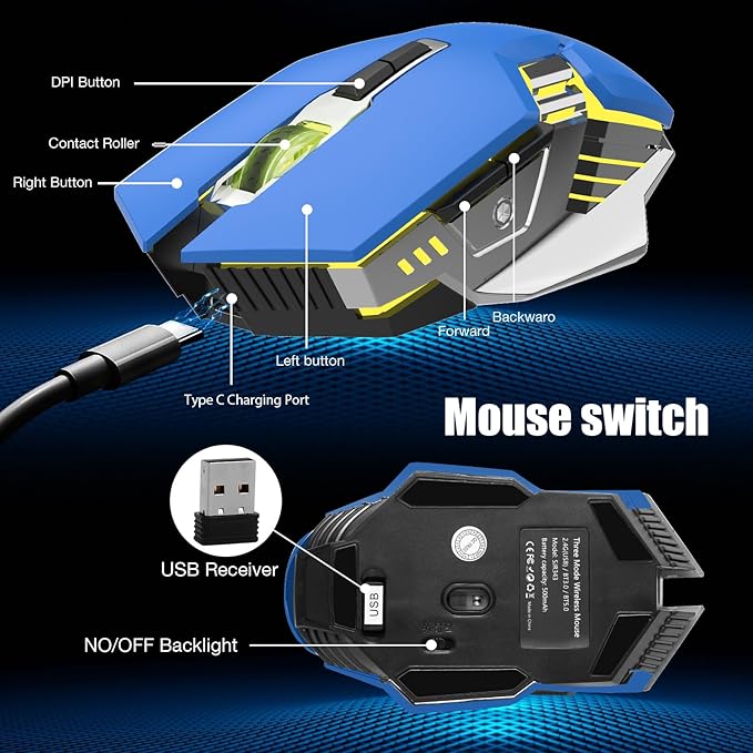 Blue Wireless Mice Gaming Mouse Bluetooth, Silent Multi Device Mouse, 2400 DPI, RGB Backlit, 800mAh Rechargeable Cordless Computer Mouse for Laptop PC Mac Macbook Air/Pro iPad Chromebook Office Game