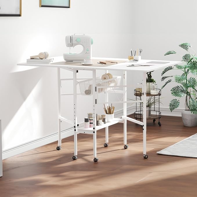 Sew Ready Folding Sewing Craft Table with Storage, Adjustable Height Cutting Desk with Drawers and Wheels for Quilting, Fabric, and Hobby Room, White