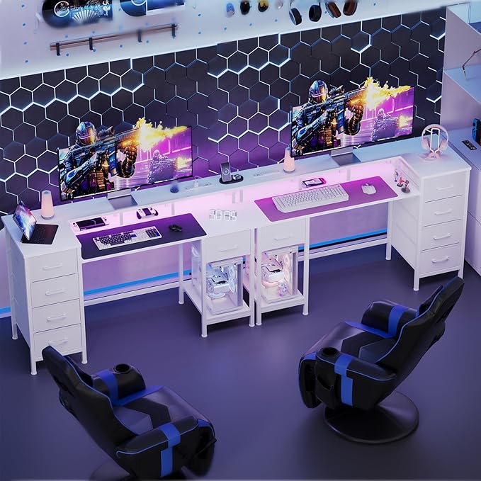 Korfile 55 Inch Gaming Desk with Power Outlets and LED Lights, Reversible Computer Desk with 5 Fabric Storage Drawers, Home Office Desk with Monitor Stand for Working Writing Study, White