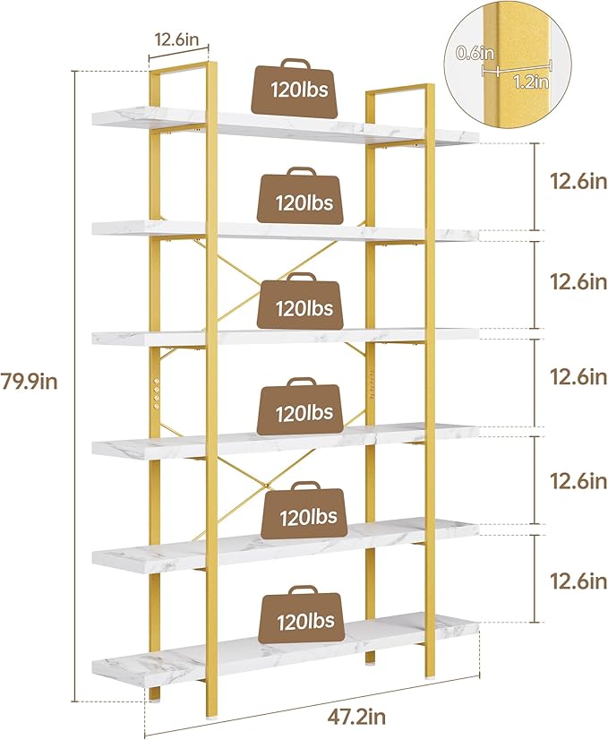 OtterOasis Heavy Duty 6-Tier Industrial Bookcase, 47" Wide Wood Bookshelf for Home Office, 120lbs Shelf Capacity, Open Shelving Display with Reinforced Horizontal Shelf for Living Room Bedroom, White