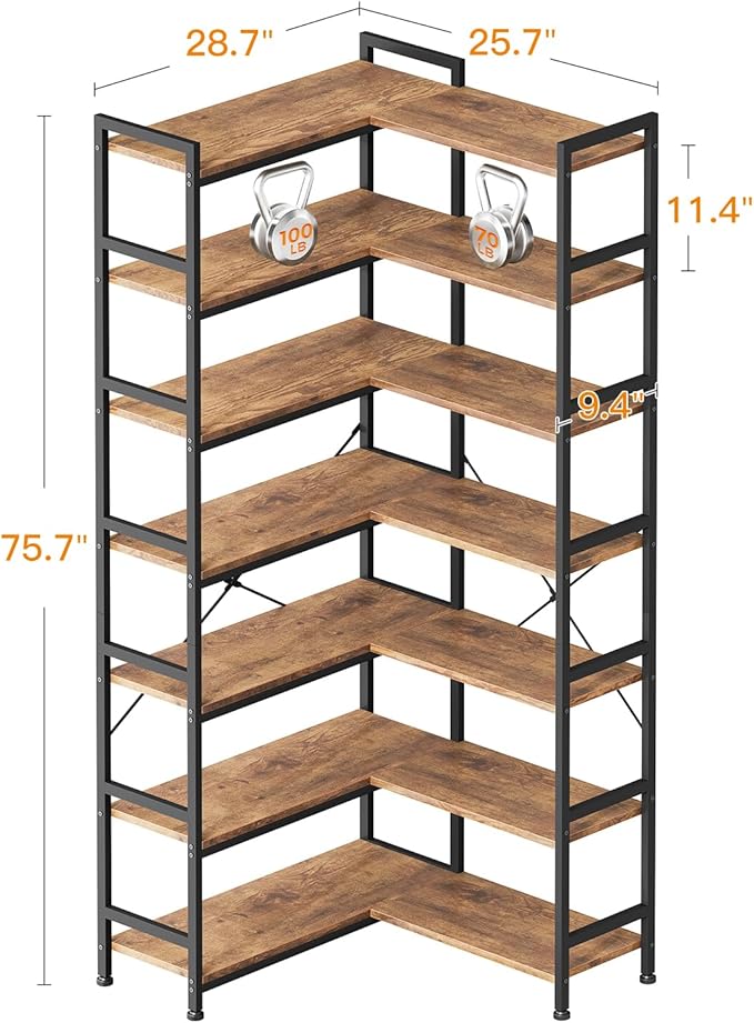 Casaottima Corner Bookshelf 7 Tier, 76 Inches Reversible Book Shelf for Living Room, Industrial Wooden Bookcase with Open Shelves and Metal Frame for Bedroom, Home Office, Kitchen, Vintage