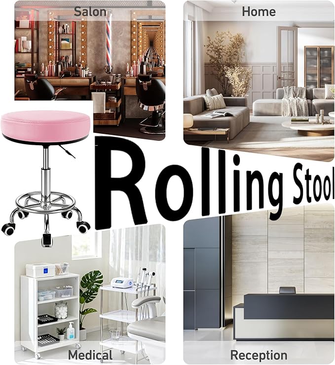 Heavy Duty Round Rolling Stool 500lb, PU Leather 360-degree Support Full-Edge Cover Layer Drafting Chair with Wheels, Height Adjustable Swivel Stool with Footrest, 5-min Easy Assembly (Pink)