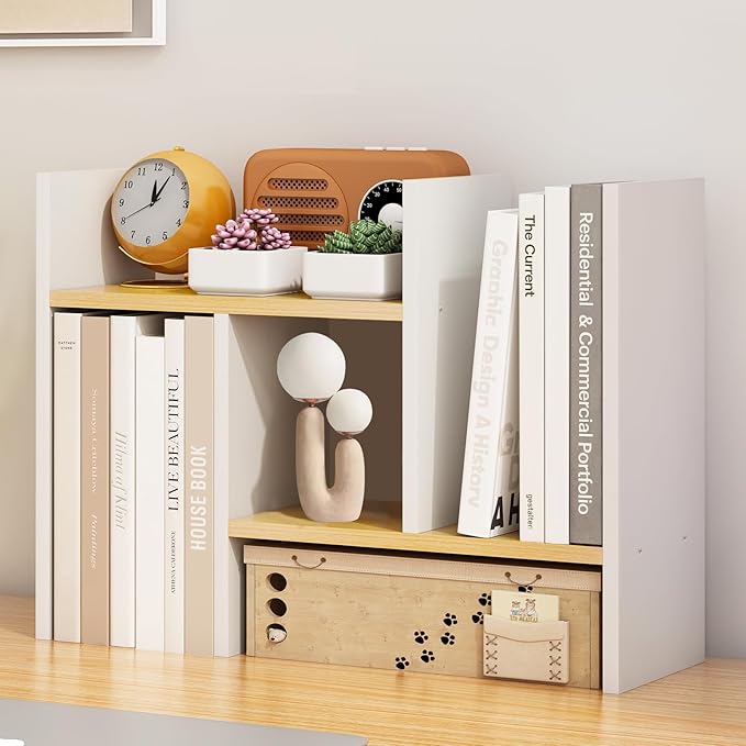 White Desk Organizers and Storage Small Desktop Bookshelf Length Expandable Desk Organization Shelves Counter Corner Book Shelf Adjustable Narrow Book Organizer for Desk Countertop