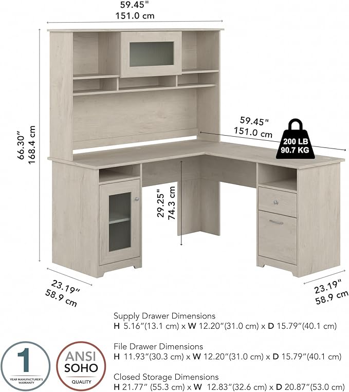 Bush Home Cabot L Shaped Desk with Hutch, Corner Desk with Storage for Home Office in Linen White Oak, 60W L Shaped Computer Desk