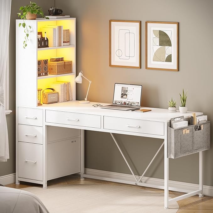 SEDETA Computer Desk with 5 Drawers and Bookshelf, Reversible Home Office Desk with Storage Shelves and File Drawer, Gaming Desk with LED Lights for Small Spaces, White