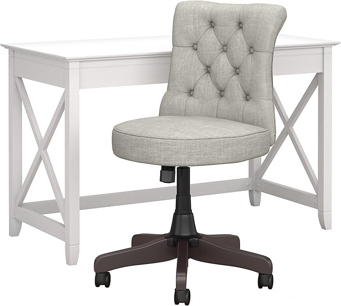 Bush Home Key West 48W Writing Desk with Mid Back Tufted Office Chair in Pure White Oak