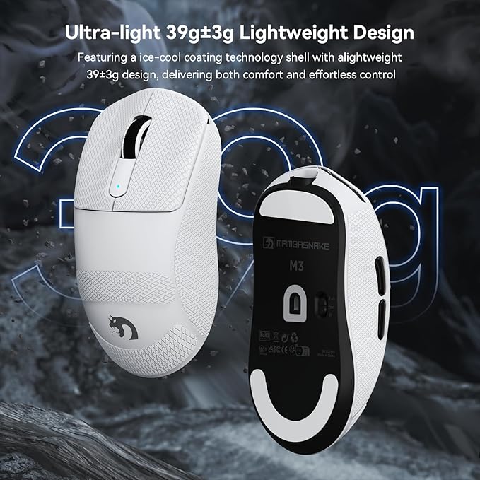 MAMBASNAKE M3 Wireless Gaming Mouse,39g Ultra-Lightweight BT/2.4GWireless/Wired Gaming Mouse,PAW3395PRO 40K DPI Optical Sensor,200Hrs Battery,Tape,Office Mice for PC/Win/Mac(White)