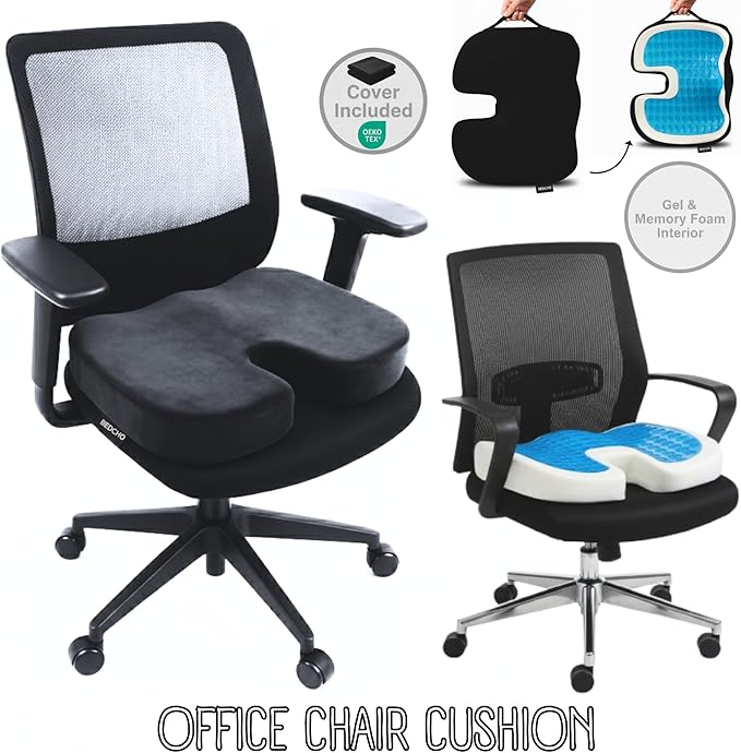 Seat Cushion For Tailbone Pain Relief – Ergonomic Gel Memory Foam Pad for Sciatica & Lower Back Support, Perfect for Office, Car, Truck, Gamer, Airplane, Wheelchair & Home, Bonus Pill Case Included