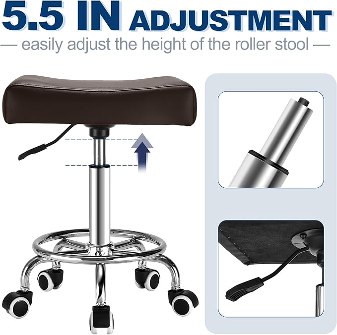 Square Salon Rolling Stool - 300lbs Weight Capacity，Adjustable Swivel Stool with Wheel，Pu Leahter Comfortable Cutting Stools for Salon Tattoo Stylist Massage Perfect for Work SPA (Brown)